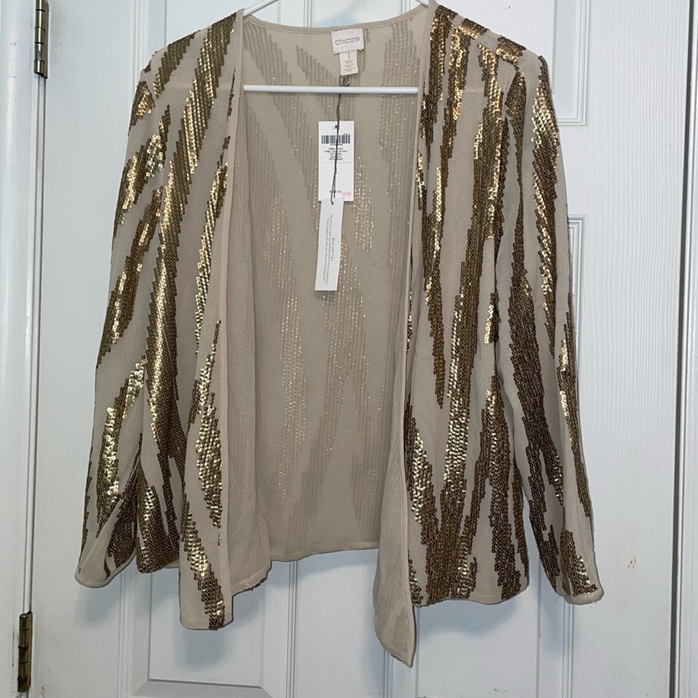NWT Chicos Cardigan Blazer Womens Sz 1 Open Front Gold Long Sleeve Holiday Party